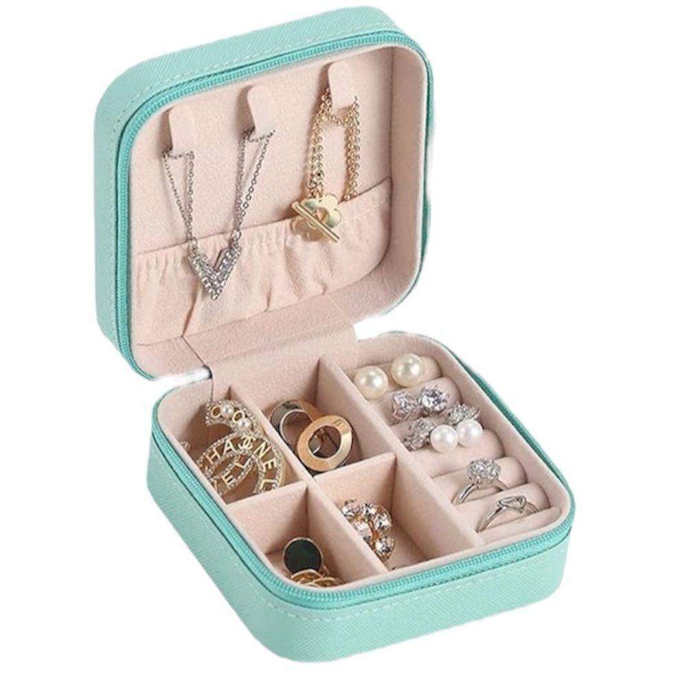 NIP Mini Jewelry Box Travel Organizer w/ Compartments 4" Portable Case Aqua Blue